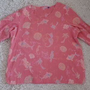 SunBay Women’s XL Coral Pink Cotton Blouse Coastal Fish Print 3/4 Sleeve
